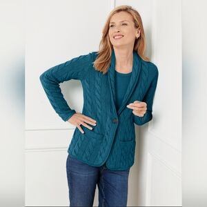 Talbots Cable Knit Cotton Wool Blend Cardigan Blue Large